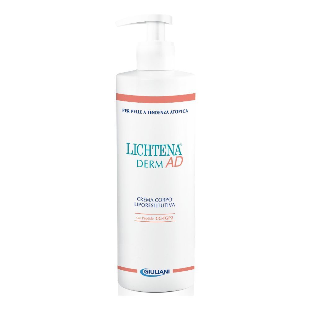 Flacone bianco con dosatore a pompa. Scritta: LICHTENA DERM AD. Testo: CREMA CORPO LIPORESTITUTIVA. Marchio: Giuliani.