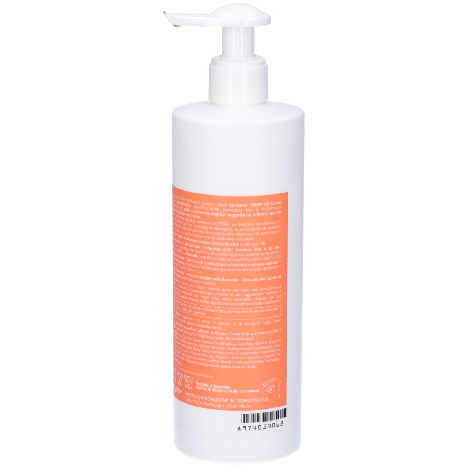 Flacone bianco con dosatore a pompa ed etichetta arancione. Scritta: LICHTENA DERM AD. Testo: 400 ml e. Marchio: Giuliani.
