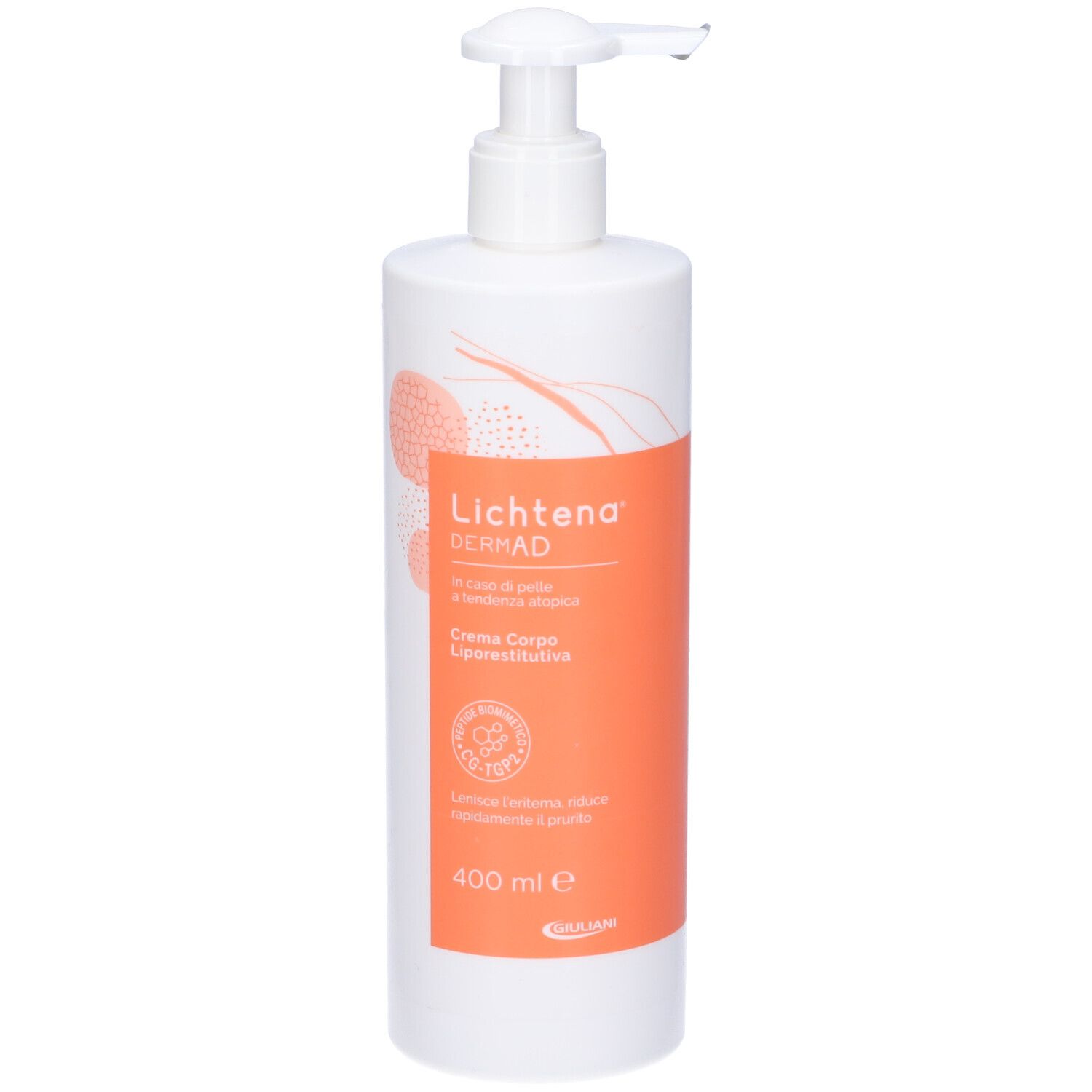 Flacone bianco con dosatore a pompa ed etichetta arancione. Scritta: LICHTENA DERM AD. Testo: 400 ml e. Marchio: Giuliani.