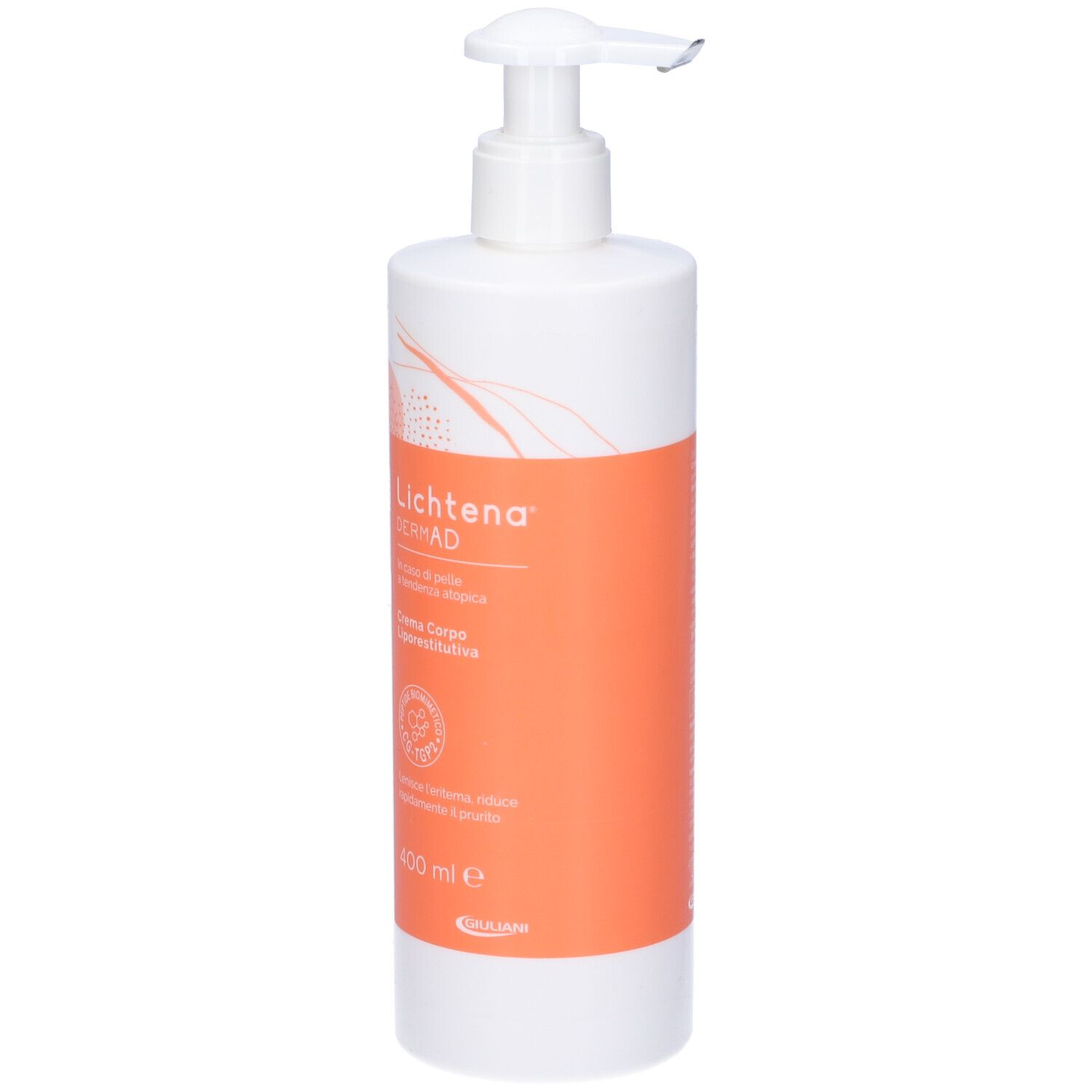Flacone bianco con dosatore a pompa ed etichetta arancione. Scritta: LICHTENA DERM AD. Testo: 400 ml e. Marchio: Giuliani.