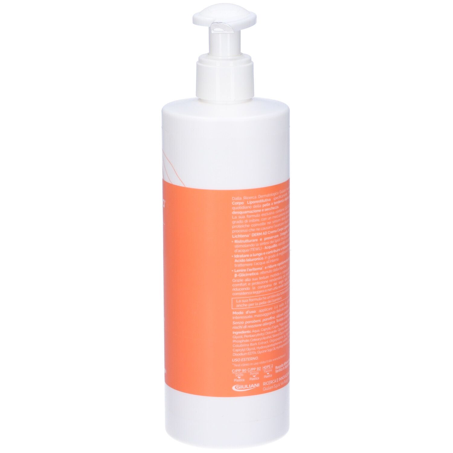 Flacone bianco con dosatore a pompa ed etichetta arancione. Scritta: LICHTENA DERM AD. Testo: 400 ml e. Marchio: Giuliani.