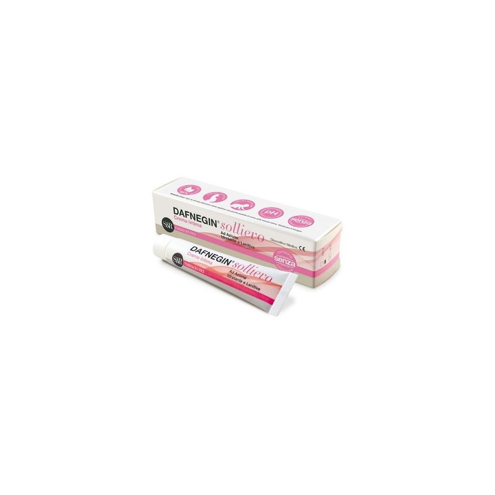 Tubo e scatola di crema. Scritta: Dafnegin Sollievo. Confezione rosa e bianca. Prodotto per l'igiene intima.