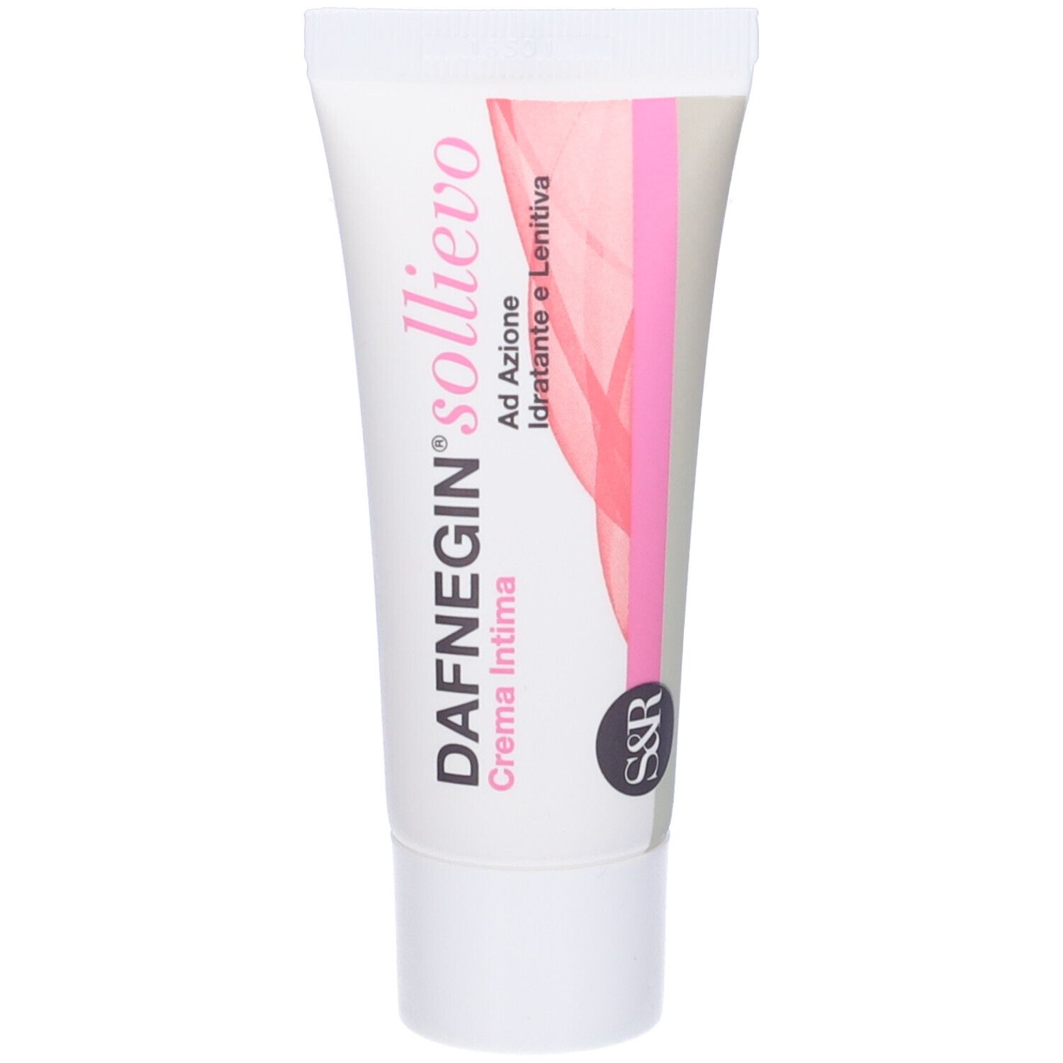 Tubo bianco con dettagli rosa. Scritta: Dafnegin Sollievo, Crema Intima. Logo S&R. Ad Azione Idratante e Lenitiva.