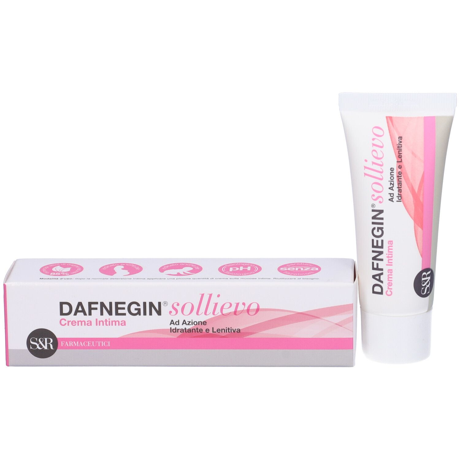 Scatola e tubo. Scritta: Dafnegin Sollievo, Crema Intima. Logo S&R. Ad Azione Idratante e Lenitiva. Confezione rosa e bianca.