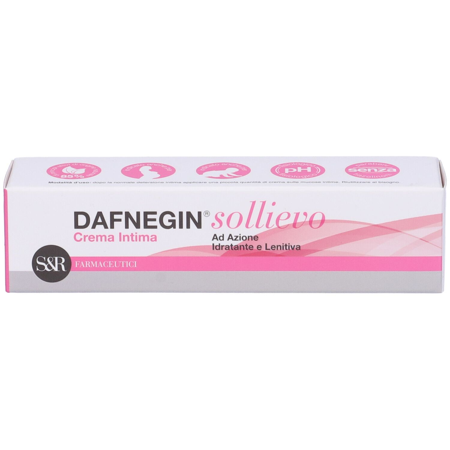 Scatola bianca con dettagli rosa. Scritta: Dafnegin Sollievo, Crema Intima. Logo S&R. Ad Azione Idratante e Lenitiva.
