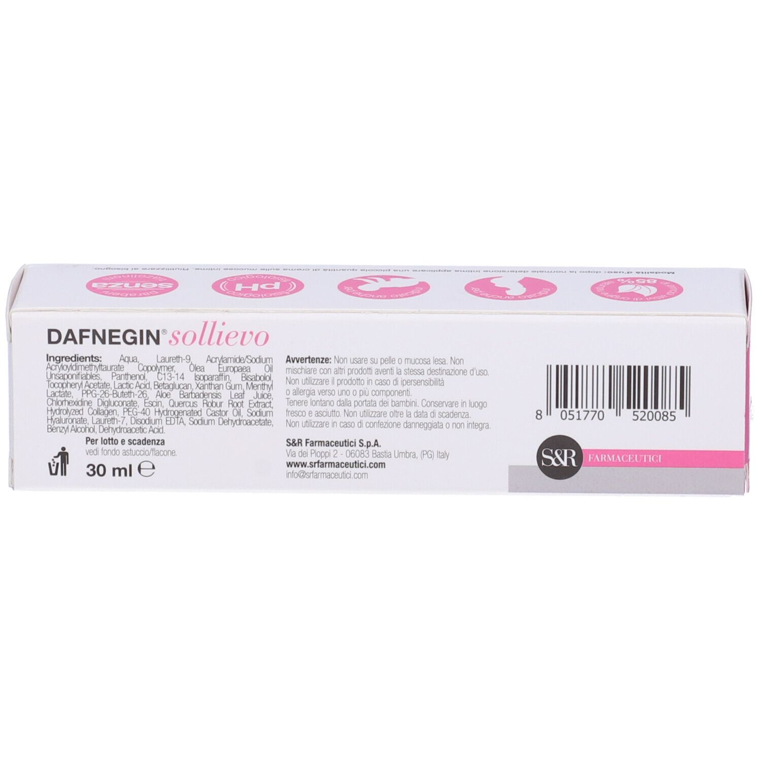 Retro della scatola. Scritta: Dafnegin Sollievo. Ingredienti, avvertenze, 30 ml. Logo S&R Farmaceutici.