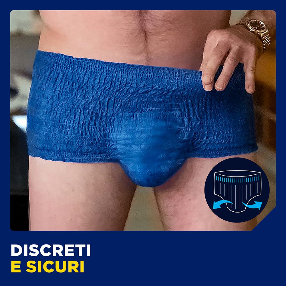 Nahaufnahme einer blauen Inkontinenz-Pants für Männer, die Diskretion und Sicherheit betont.