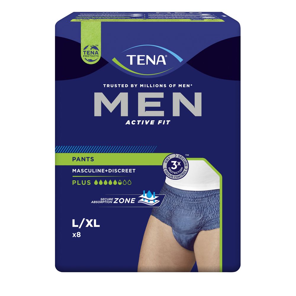 Confezione blu TENA Men Active Fit Pants. L/XL, x8. Maschile + discreto. Zona assorbente.