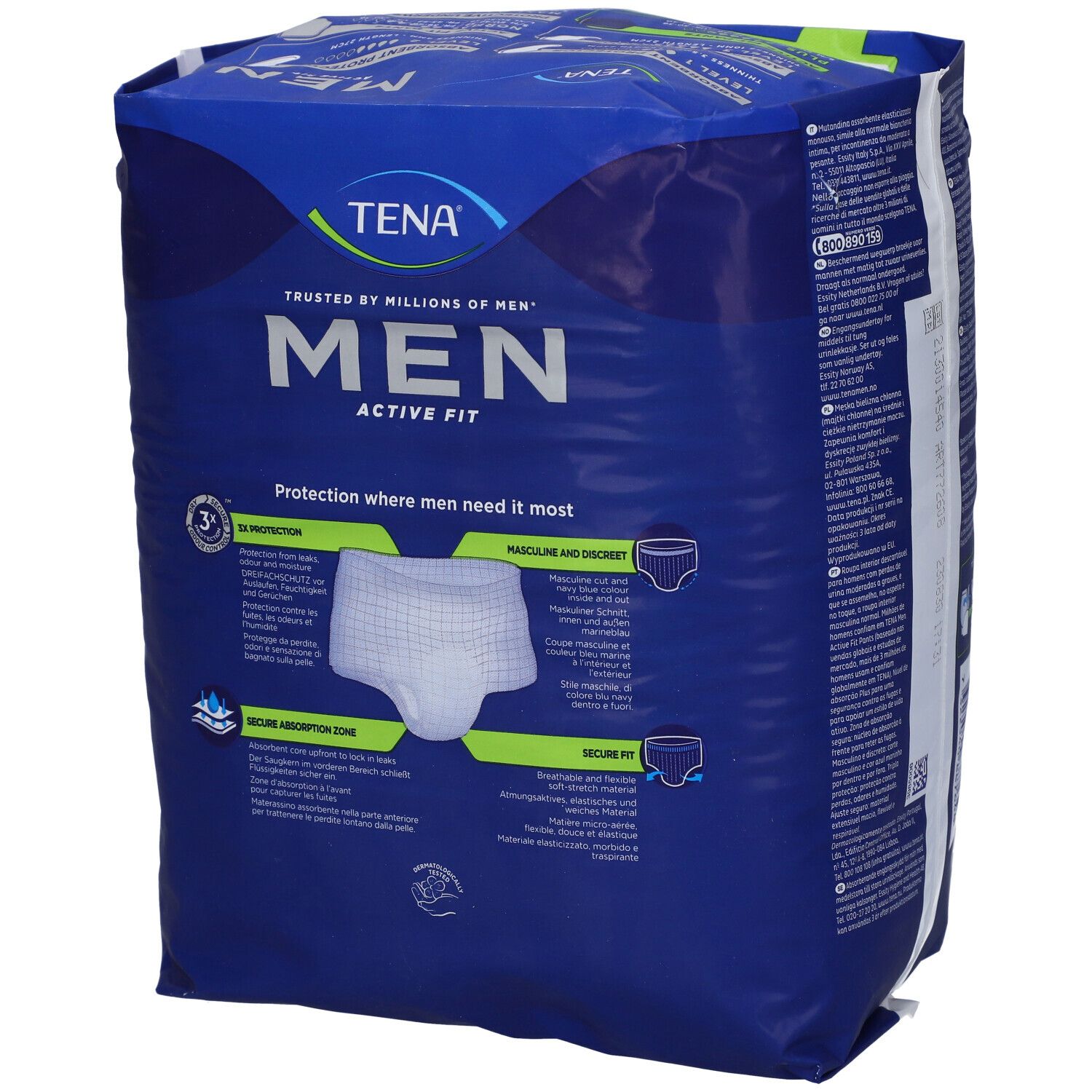 Confezione blu TENA Men Active Fit Pants. L/XL, x8. Immagine del prodotto e informazioni.