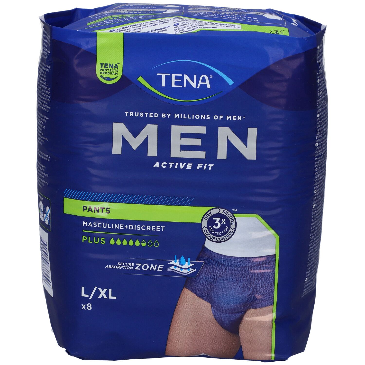Confezione blu TENA Men Active Fit Pants. L/XL, x8. Maschile + discreto. Zona assorbente.