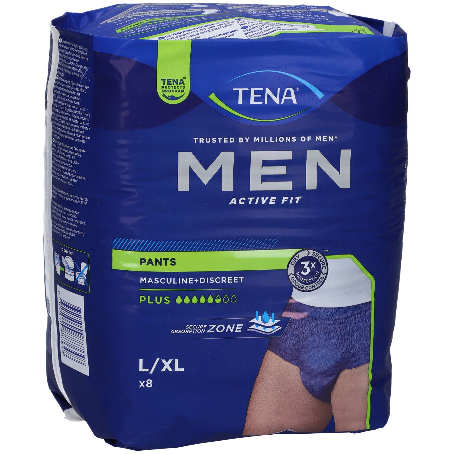 Confezione blu TENA Men Active Fit Pants. L/XL, x8. Maschile + discreto. Zona assorbente.