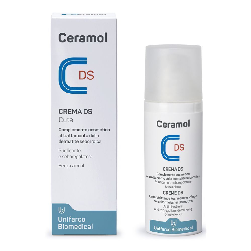 Flacone di crema bianco con logo "C" blu e testo. Accanto, una scatola con lo stesso design. Testo: Ceramol DS Creme.