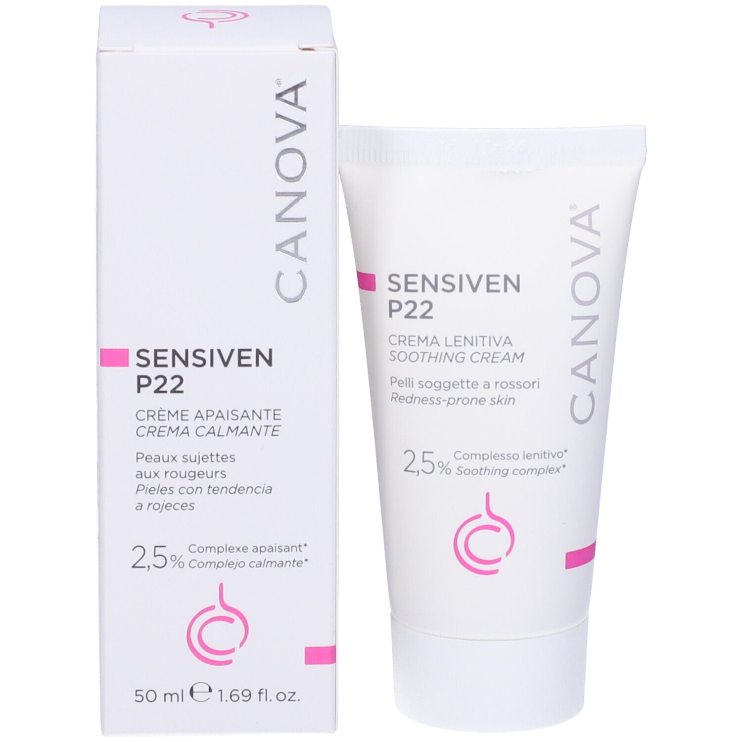 Produktverpackung mit Tube und Schachtel. CANOVA SENSIVEN P22, beruhigende Creme. Rosa Akzente und Logo.