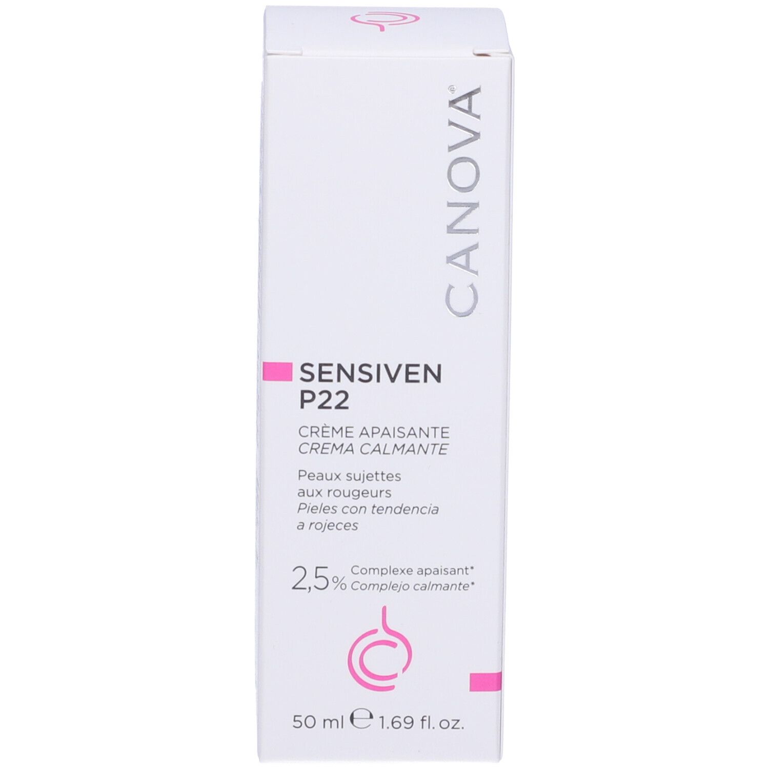 Weiße Schachtel mit CANOVA-Logo und Produktnamen SENSIVEN P22. Enthält beruhigende Creme. Rosa Akzente.