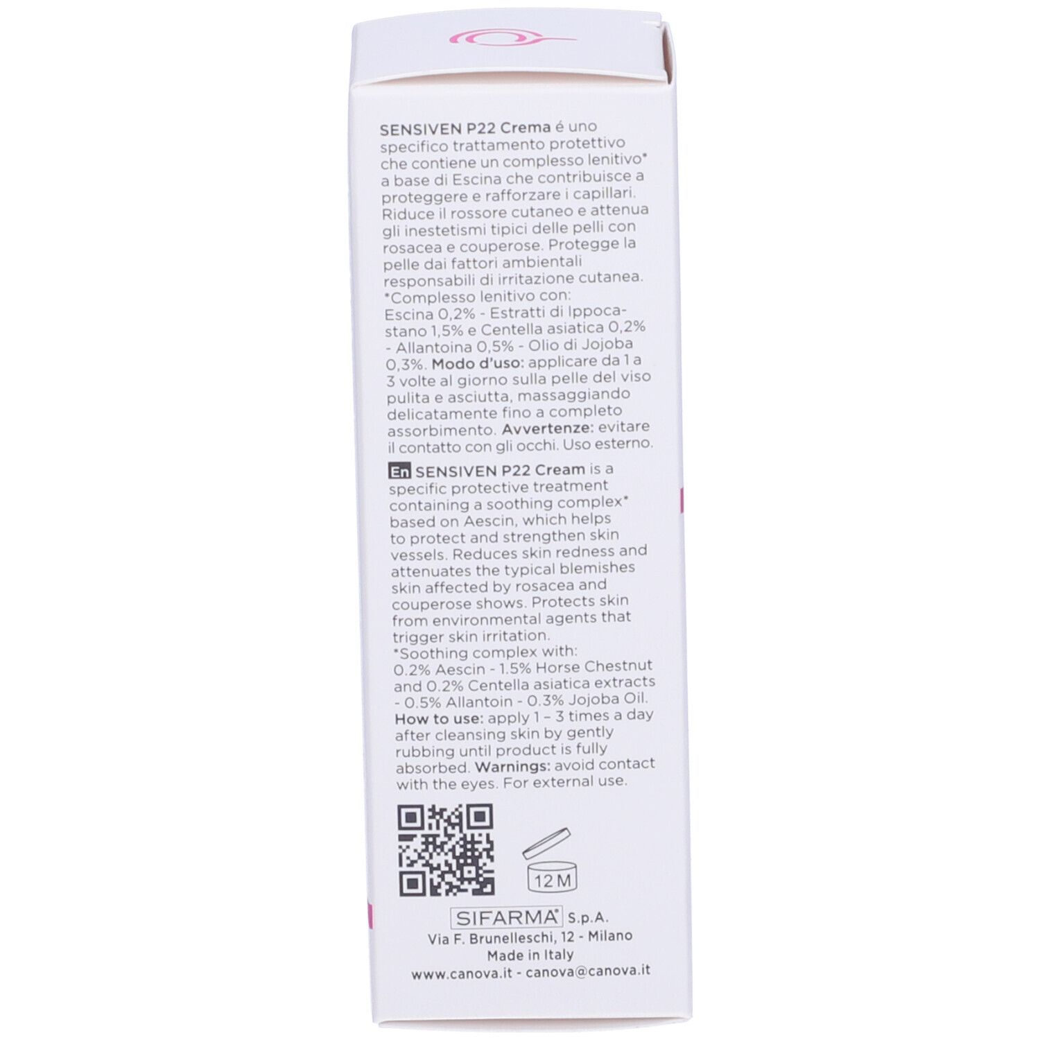Seitenansicht der Schachtel. Enthält Produktinformationen, Inhaltsstoffe und Anweisungen. Text in Englisch und Italienisch.