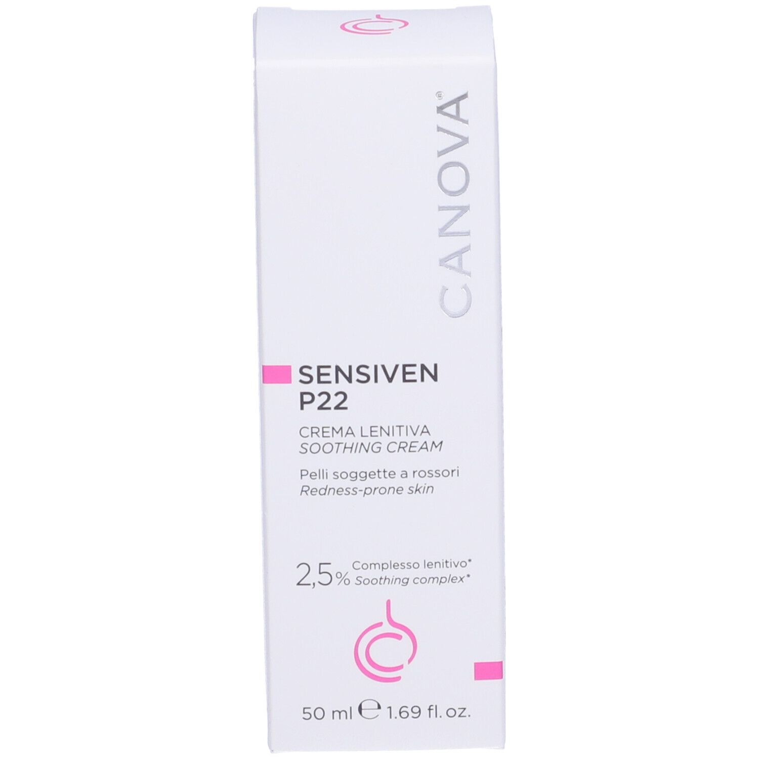 Weiße Schachtel mit CANOVA SENSIVEN P22. Produktname und Logo in Rosa. Enthält beruhigende Creme.