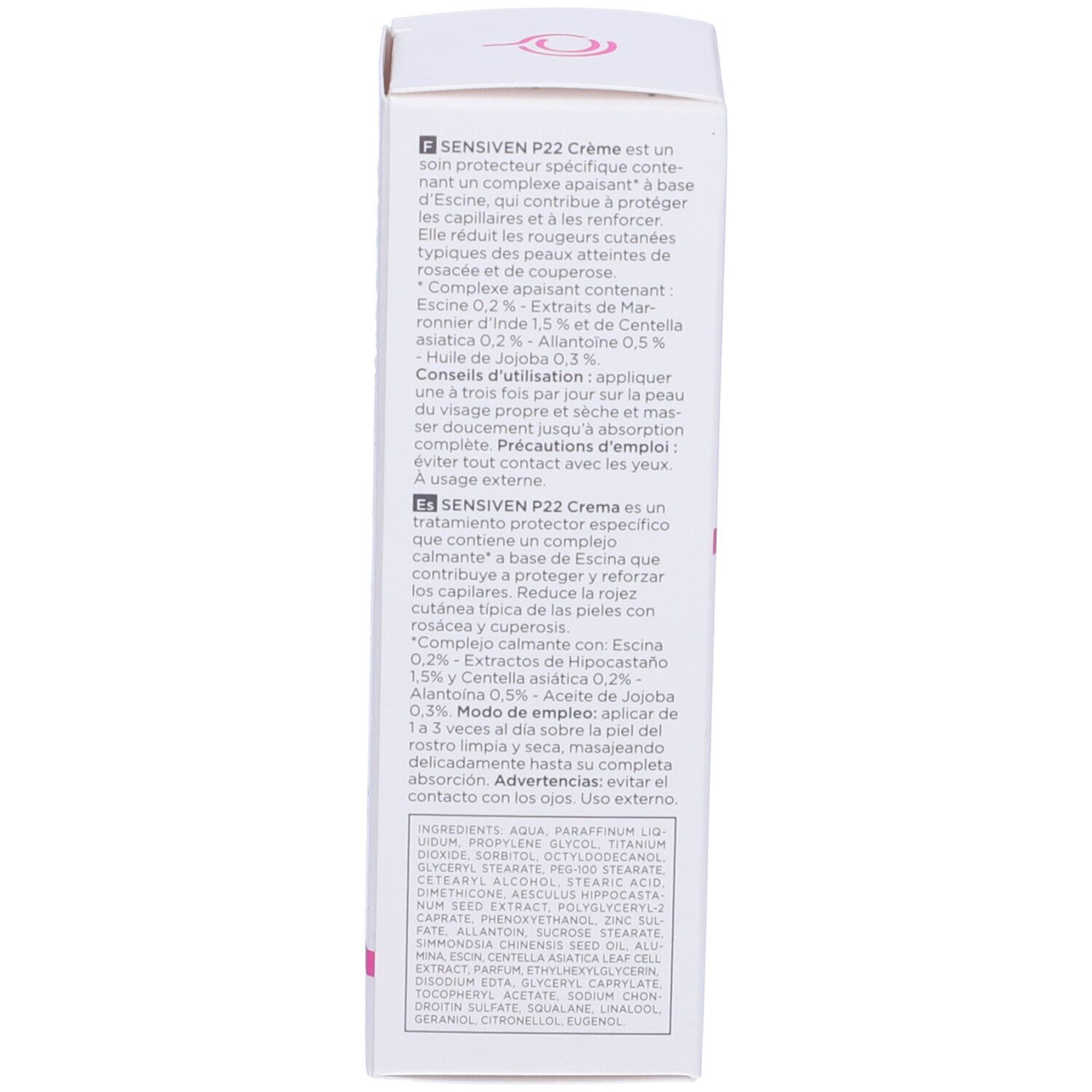 Seitenansicht der Schachtel. Produktinformationen, Inhaltsstoffe und Anwendungshinweise. Text in Französisch und Englisch.