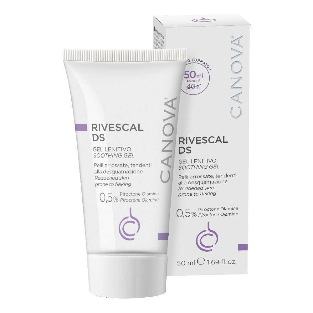 Tube und Schachtel mit Produkt. Aufschrift: Rivescal DS Gel, Canova. 50 ml. Enthält Piroctone Olamine.