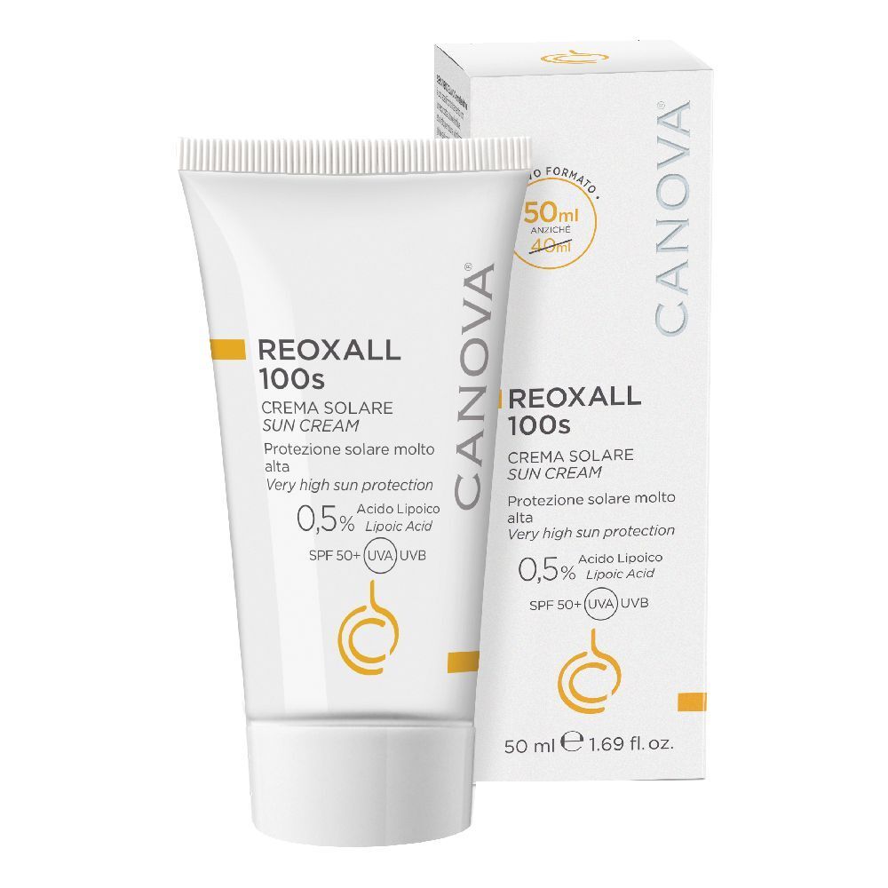 Tubo e scatola di crema. Scritta: Reoxall 100s, crema solare, protezione solare molto alta, 0,5% acido lipoico, SPF 50+.