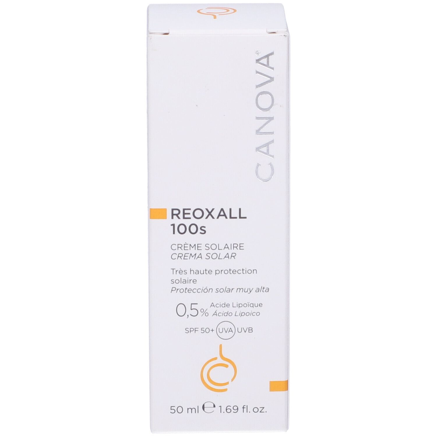Scatola con scritta: Reoxall 100s, crema solare, protezione solare molto alta, 0,5% acido lipoico, SPF 50+.