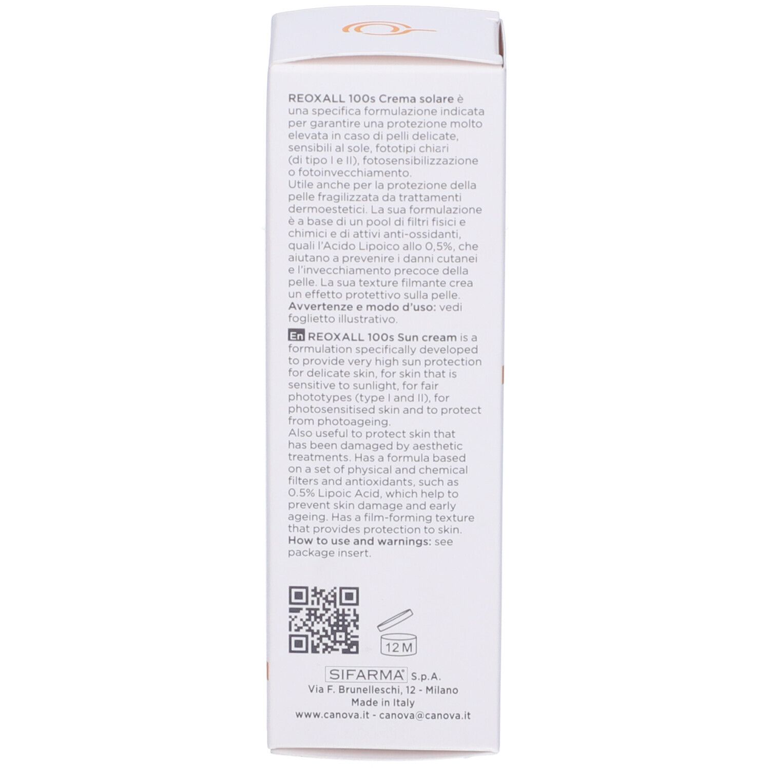 Retro della scatola. Testo multilingue, codice QR, simboli di riciclaggio, simbolo 12M.