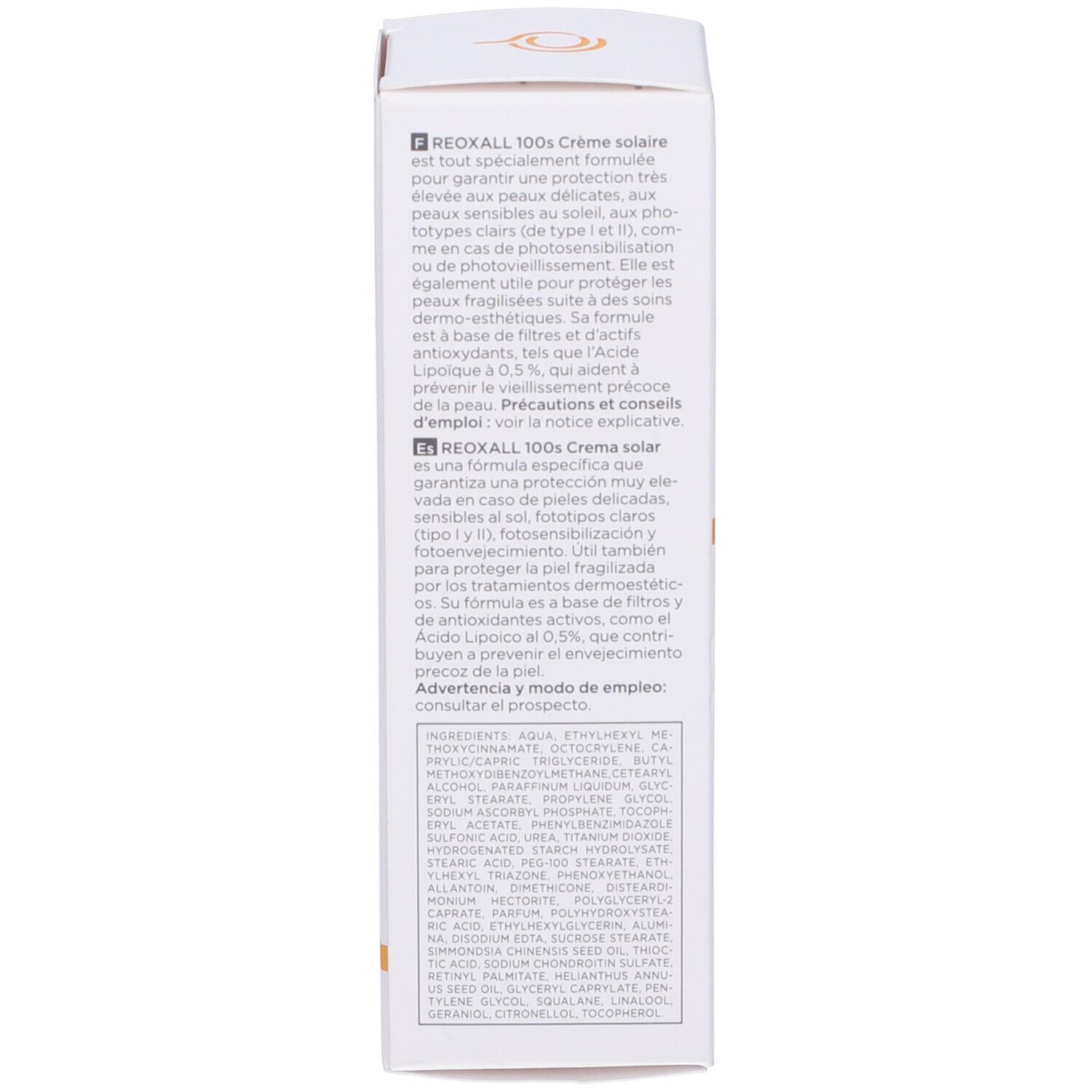Retro della scatola. Testo multilingue, ingredienti, simboli di riciclaggio, simbolo 12M.
