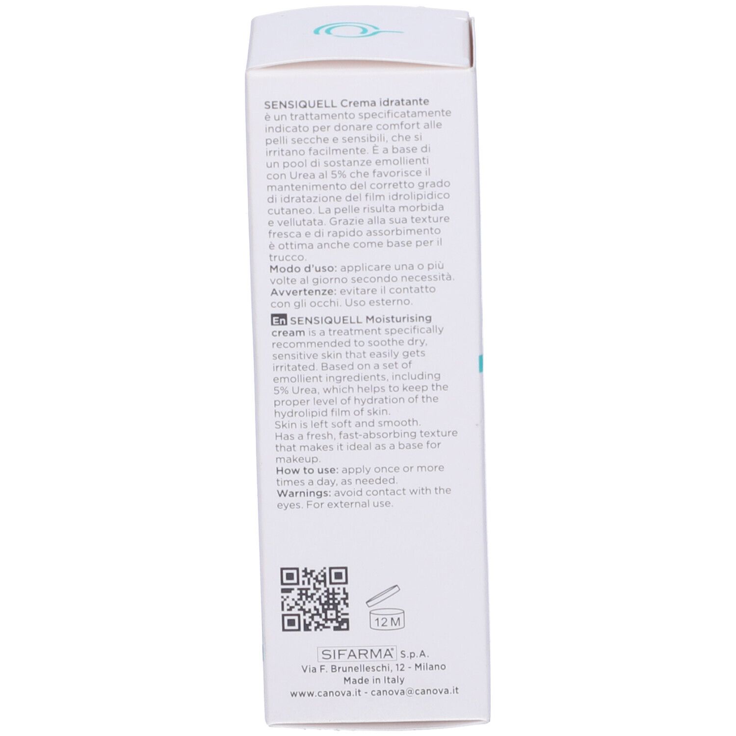 Lato della scatola. Testo sulla crema. Sensiquell. Canova. 5% Urea.