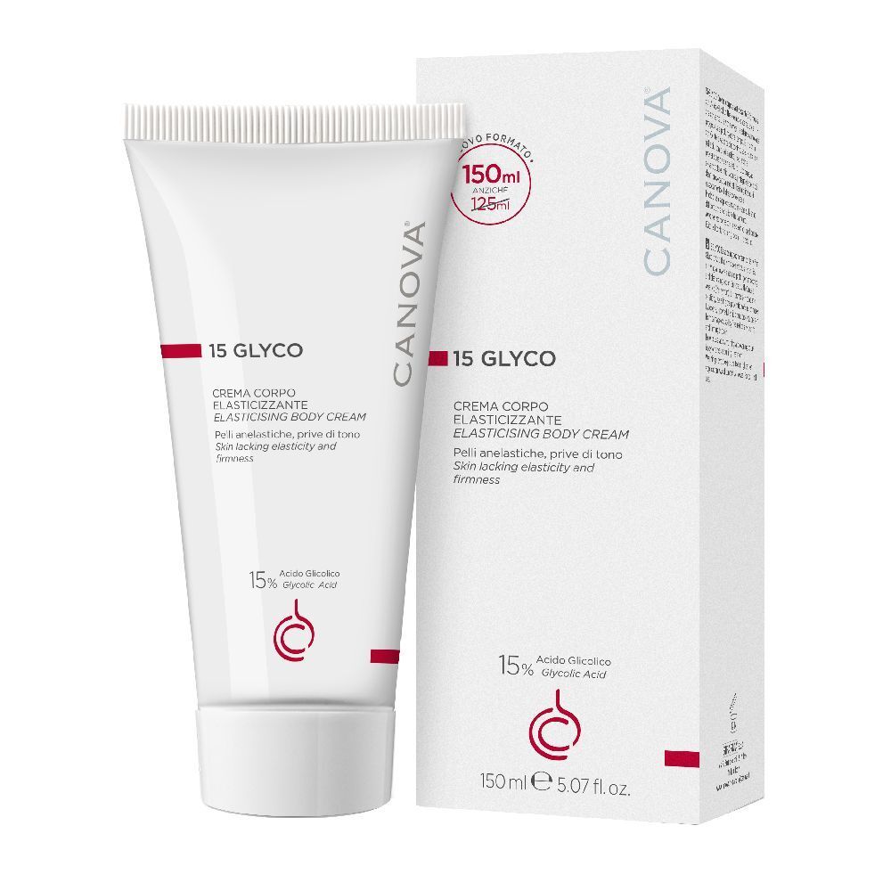 Tubo e confezione bianchi con nome e logo del prodotto. Contiene acido glicolico al 15%. Crema corpo.