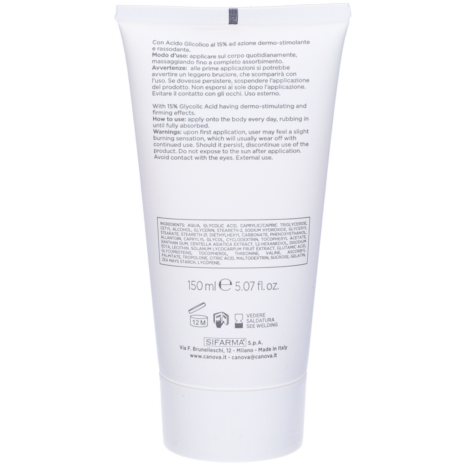 Retro del tubo bianco. Contiene informazioni sugli ingredienti e l'uso. 150 ml.