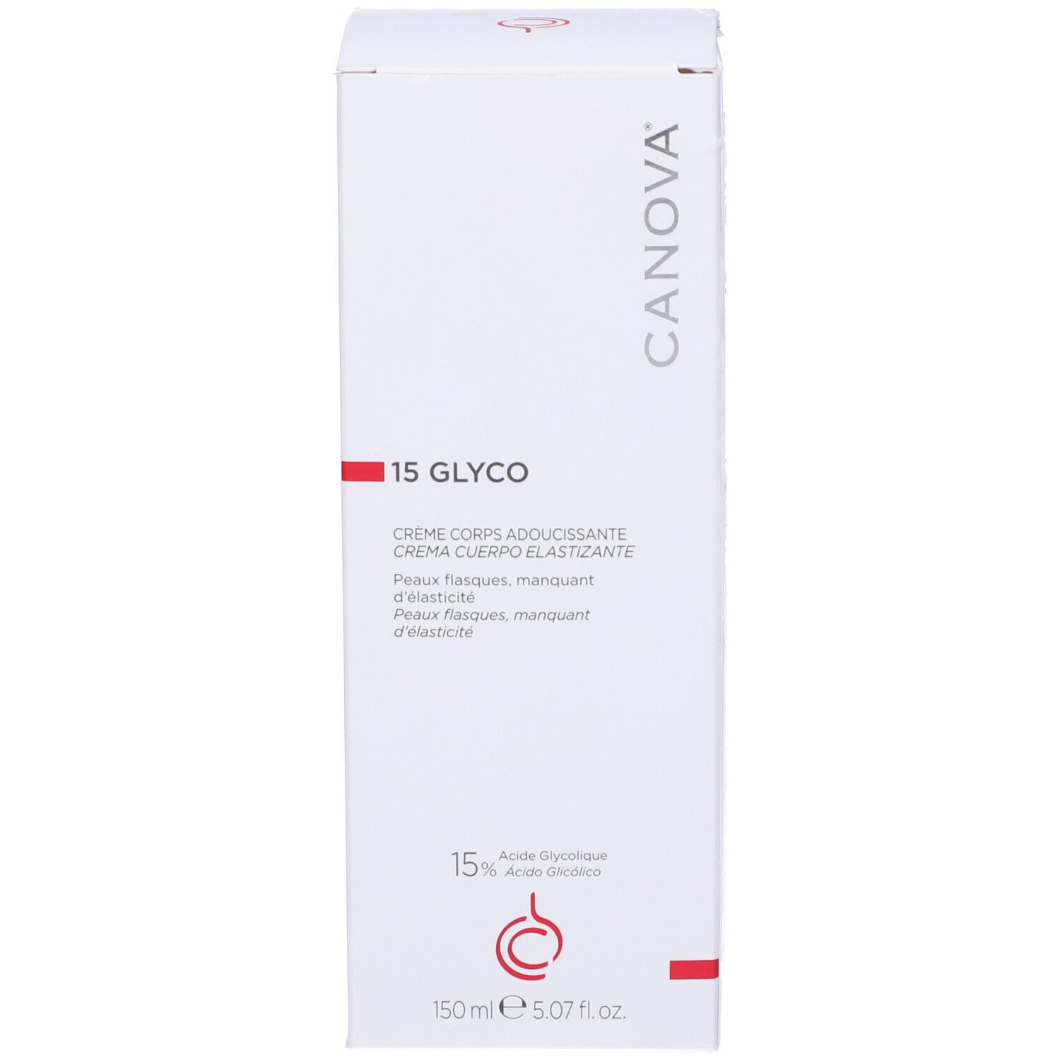 Confezione bianca con nome e logo del prodotto. Contiene acido glicolico al 15%. Crema corpo.