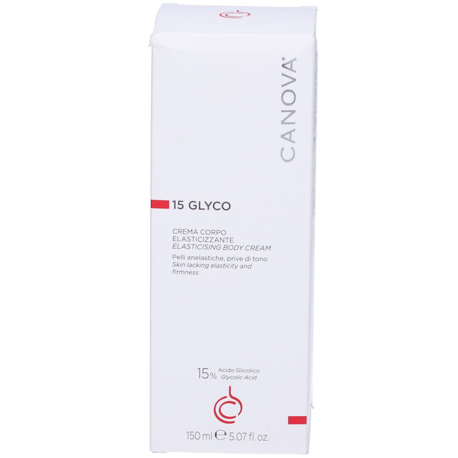 Confezione bianca con nome e logo del prodotto. Contiene acido glicolico al 15%. Crema corpo.
