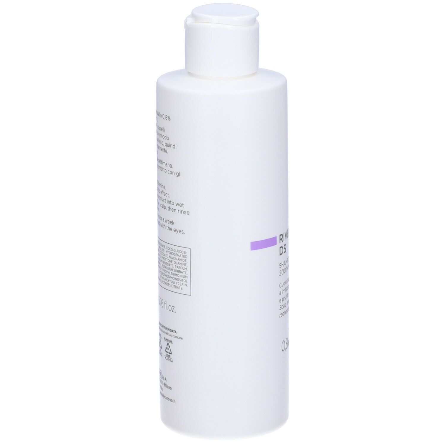 Flacone bianco CANOVA RIVESCAL DS Shampoo. Retro con testo. Tappo in alto.