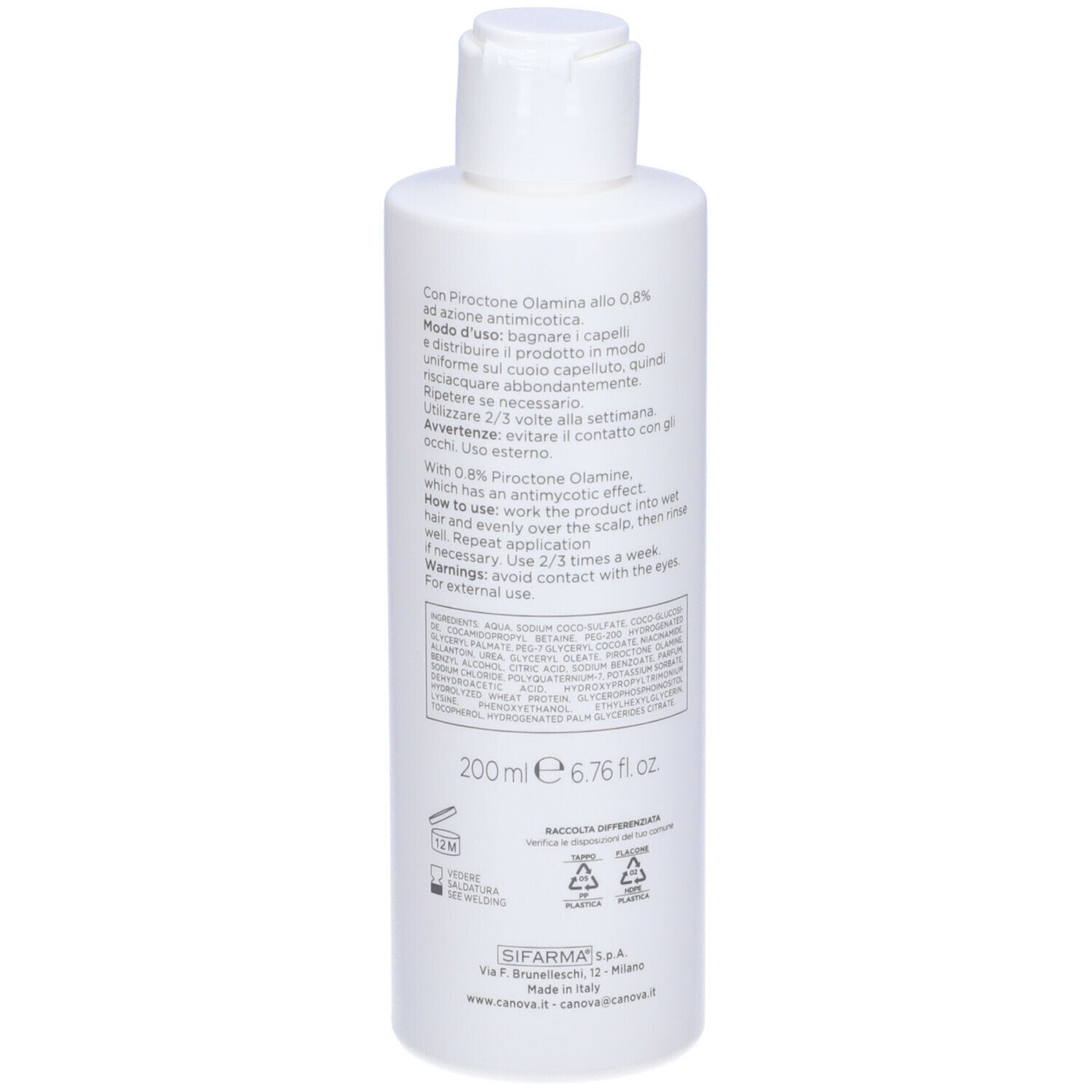 Flacone bianco CANOVA RIVESCAL DS Shampoo. Retro con testo, 200 ml. Tappo in alto.