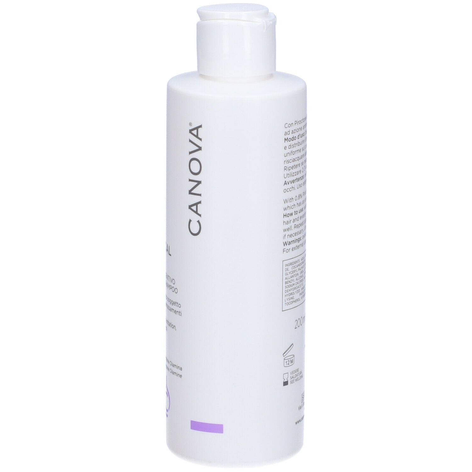 Flacone bianco CANOVA RIVESCAL DS Shampoo. Retro con testo. Tappo in alto.