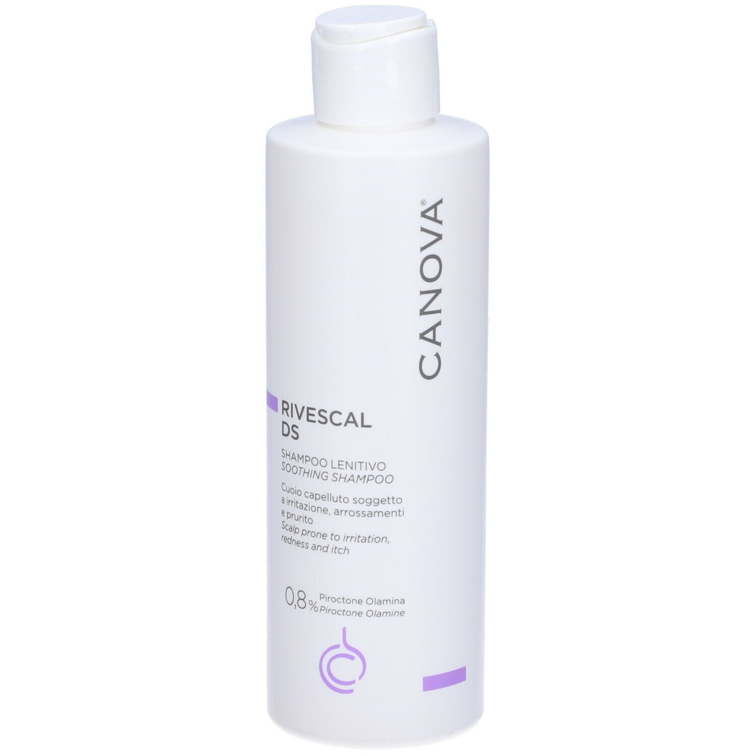 Flacone bianco CANOVA RIVESCAL DS Shampoo. Etichetta viola con testo. Tappo in alto.