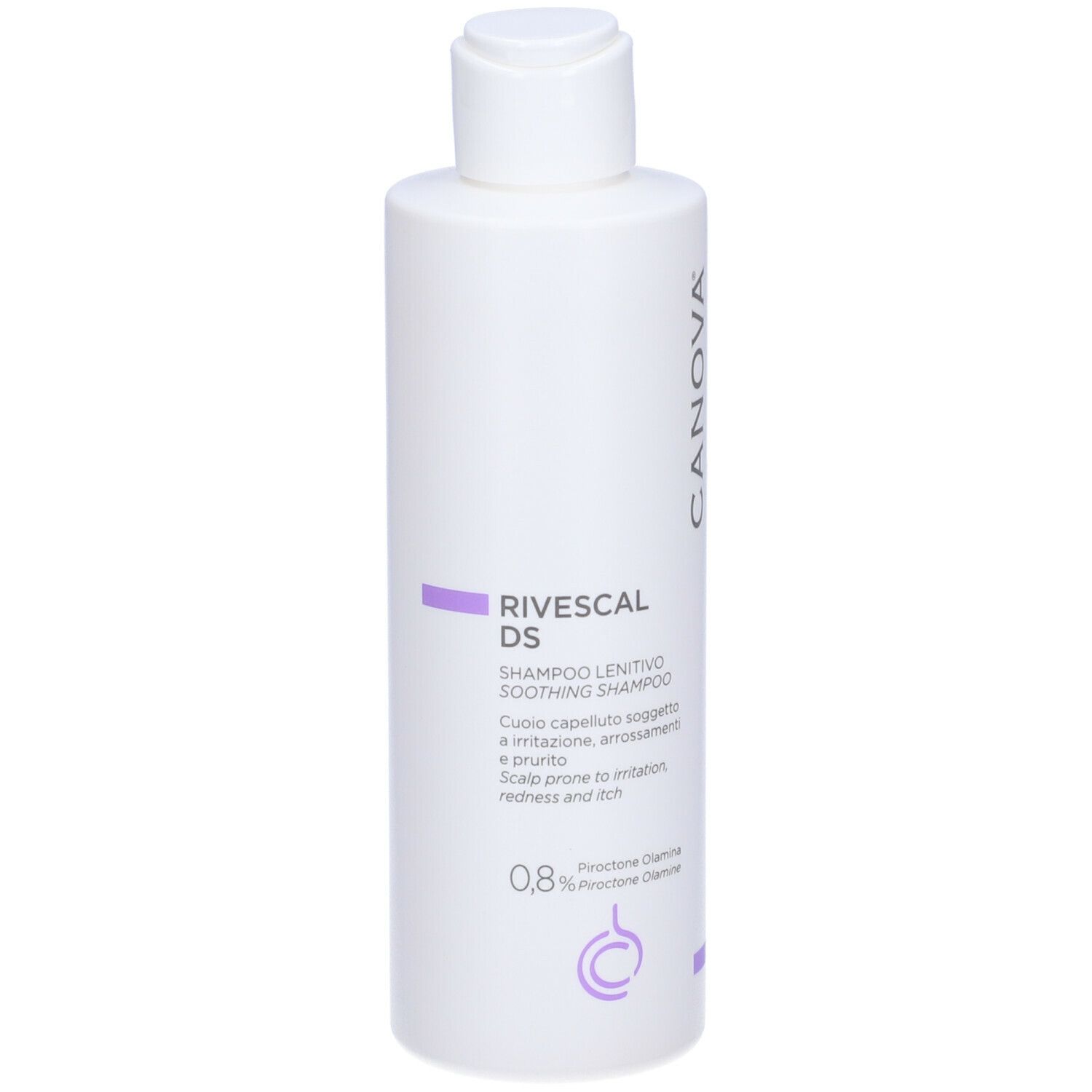 Flacone bianco CANOVA RIVESCAL DS Shampoo. Etichetta viola con testo. Tappo in alto.