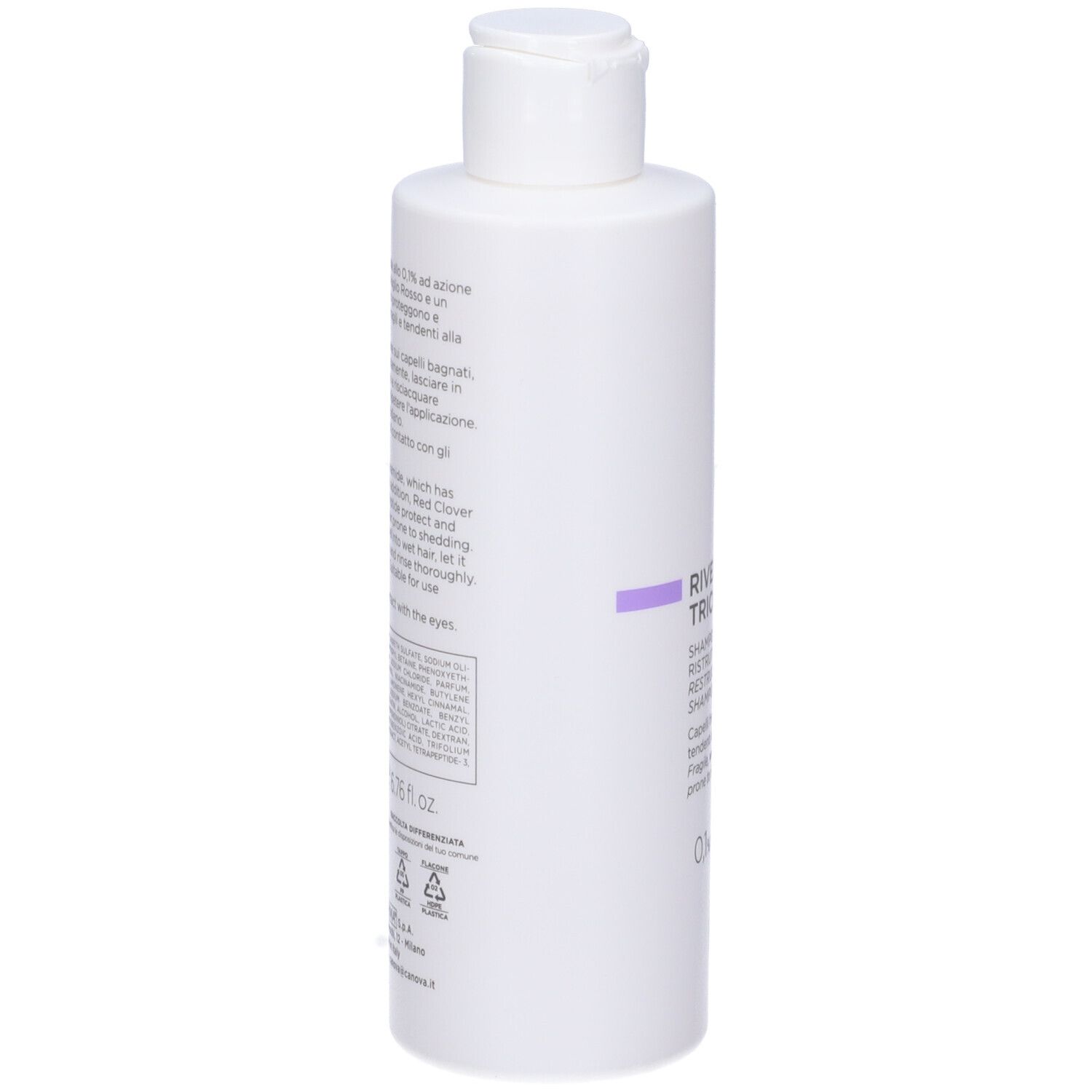 Retro del flacone bianco. Informazioni testuali in italiano. 200 ml. Con simboli di riciclaggio.