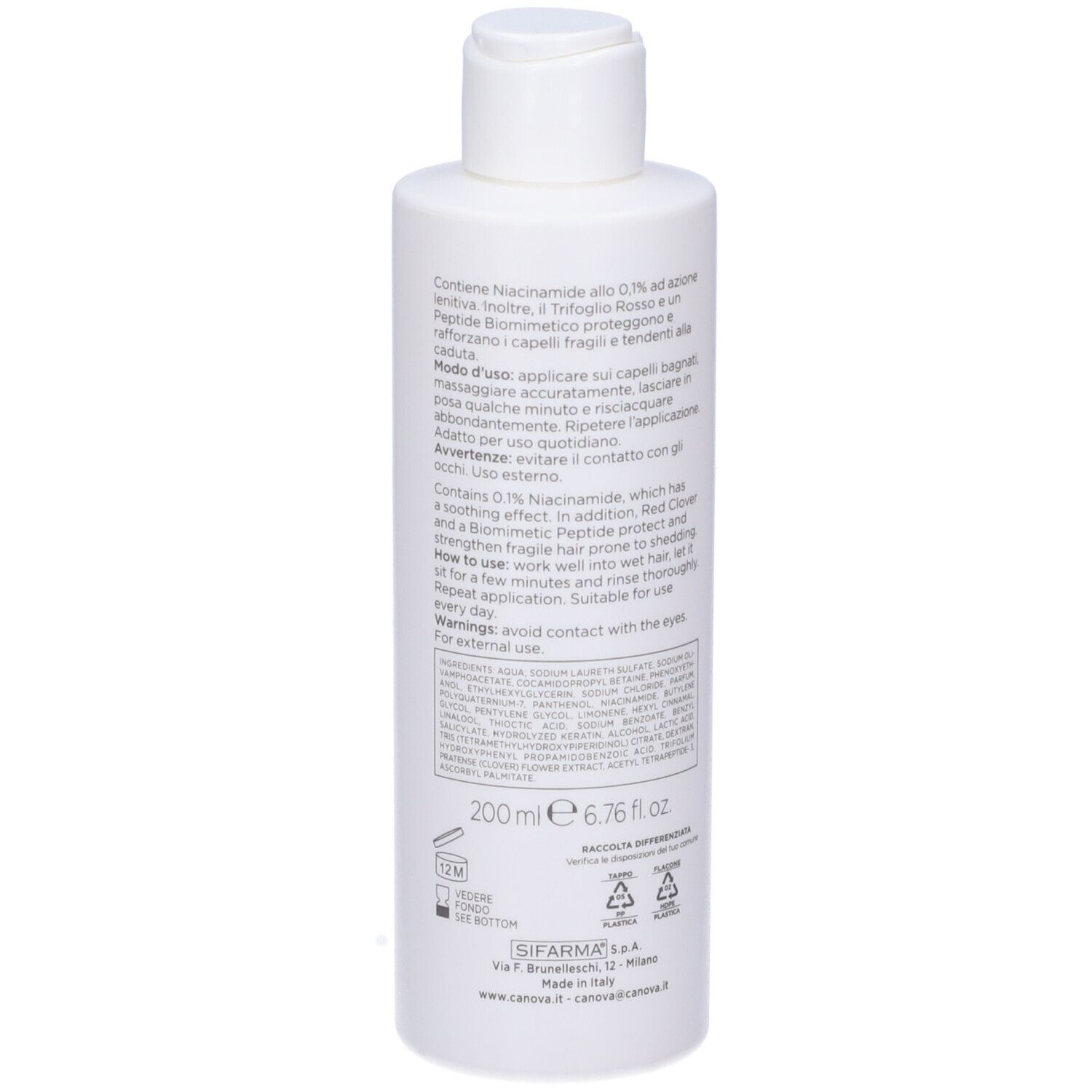 Retro del flacone bianco. Informazioni testuali in italiano. 200 ml. Con simboli di riciclaggio.