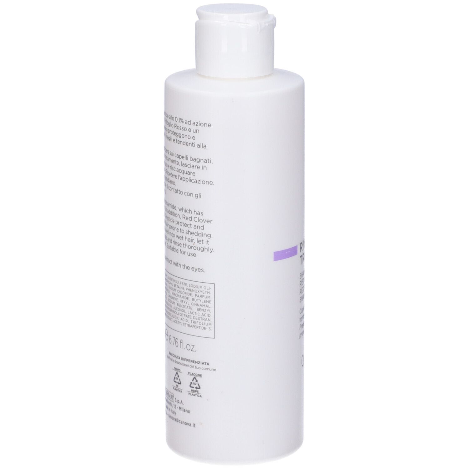 Retro del flacone bianco. Informazioni testuali in italiano. 200 ml. Con simboli di riciclaggio.