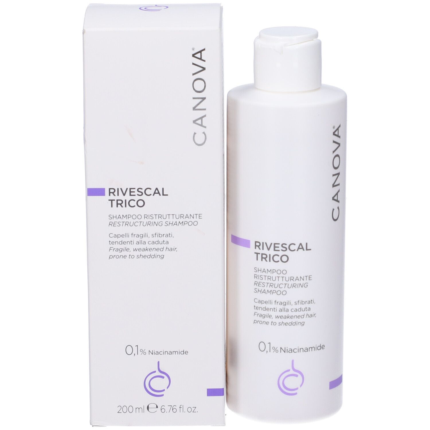 Flacone e scatola bianchi. Nome del prodotto e logo. Contiene 0,1% di niacinamide. 200 ml.