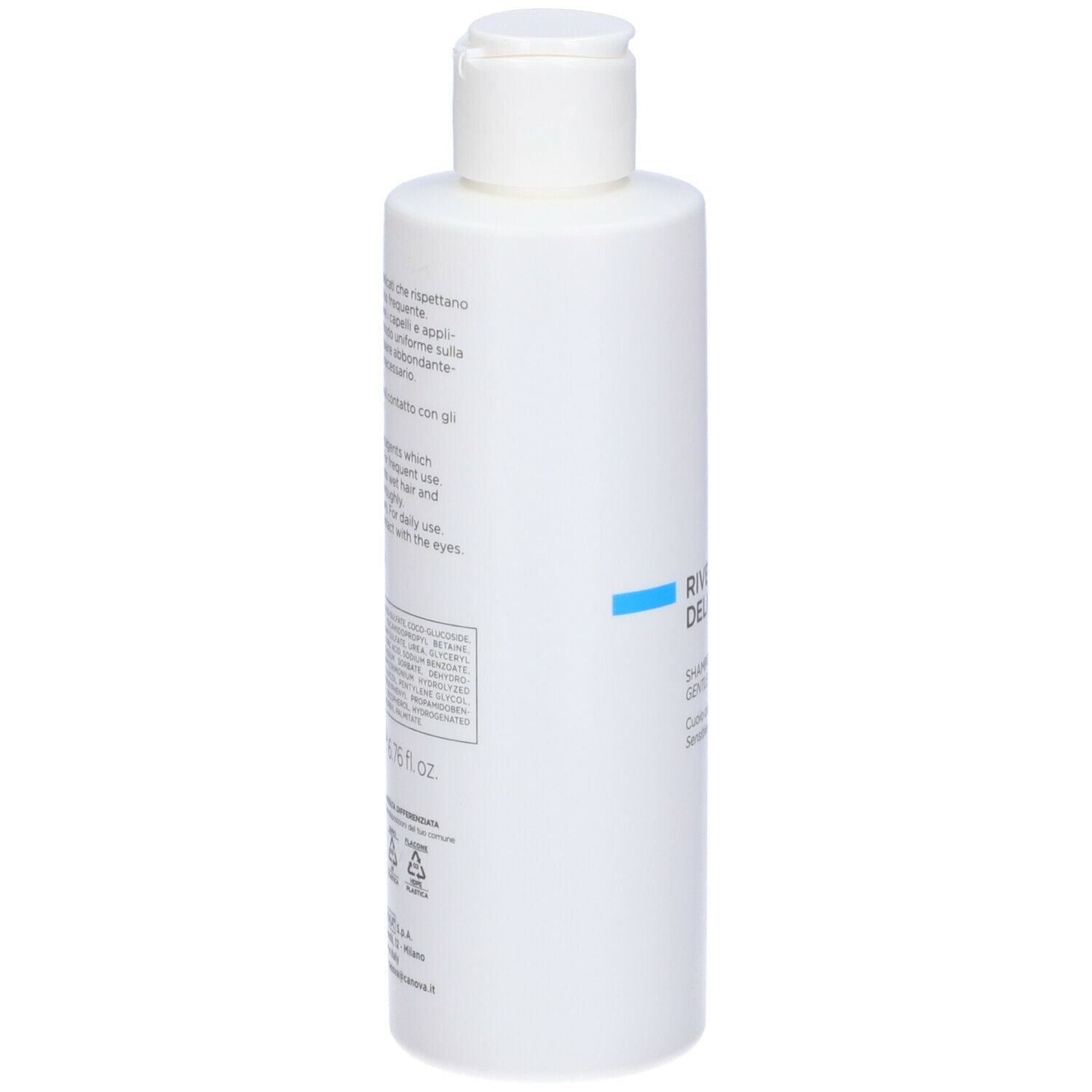 Flacone bianco con testo. Shampoo CANOVA RIVESCAL DELICATO. Retro con ingredienti e istruzioni.
