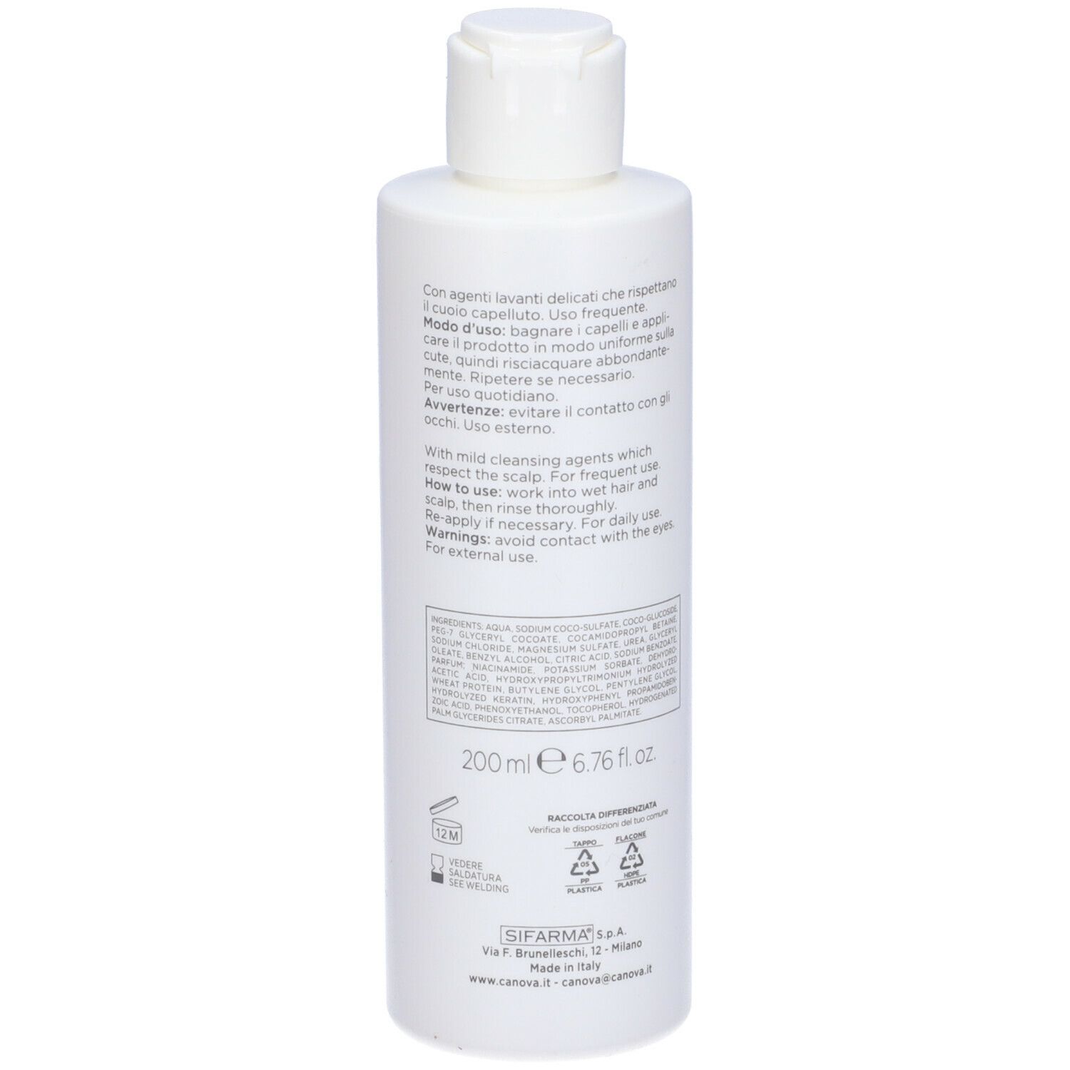 Flacone bianco CANOVA RIVESCAL DELICATO. Retro con testo, ingredienti e volume: 200 ml.