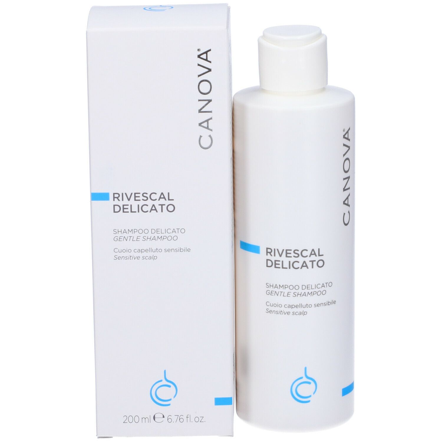 CANOVA RIVESCAL DELICATO shampoo e confezione. Flacone e scatola bianchi con informazioni.