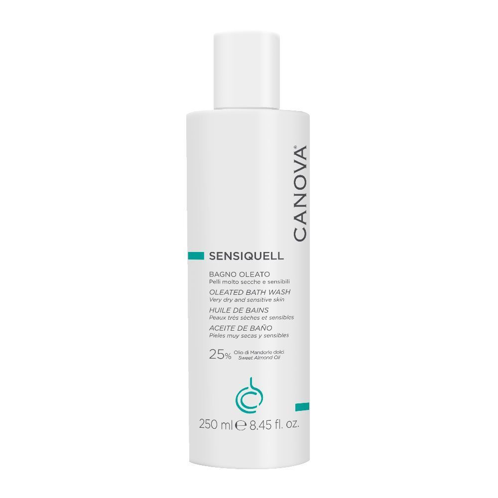 Flacone bianco Sensiquell Olio Bagno Canova. Testo multilingue. 250 ml.