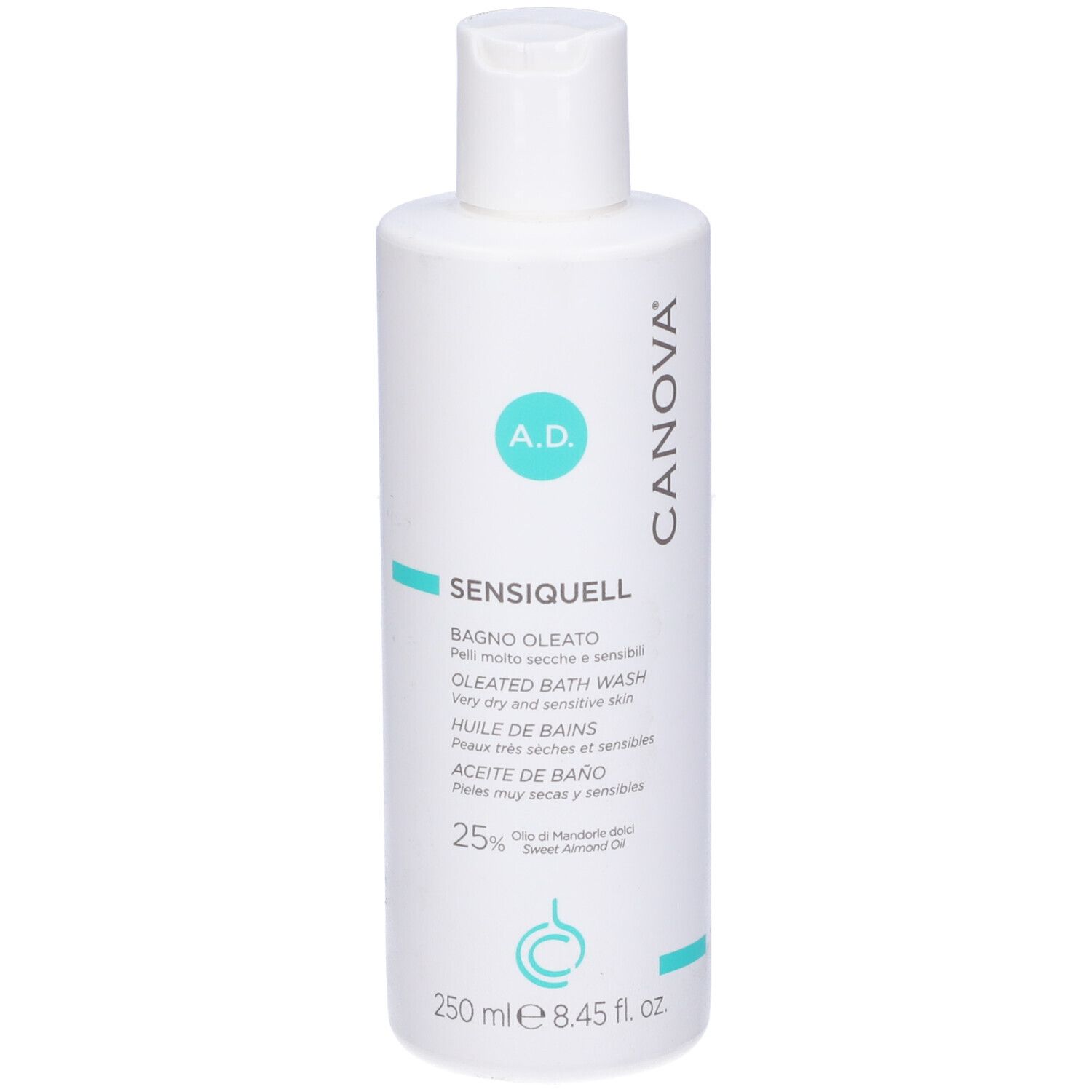 Flacone bianco Sensiquell Olio Bagno Canova. Scritta A.D. Testo multilingue. 250 ml.
