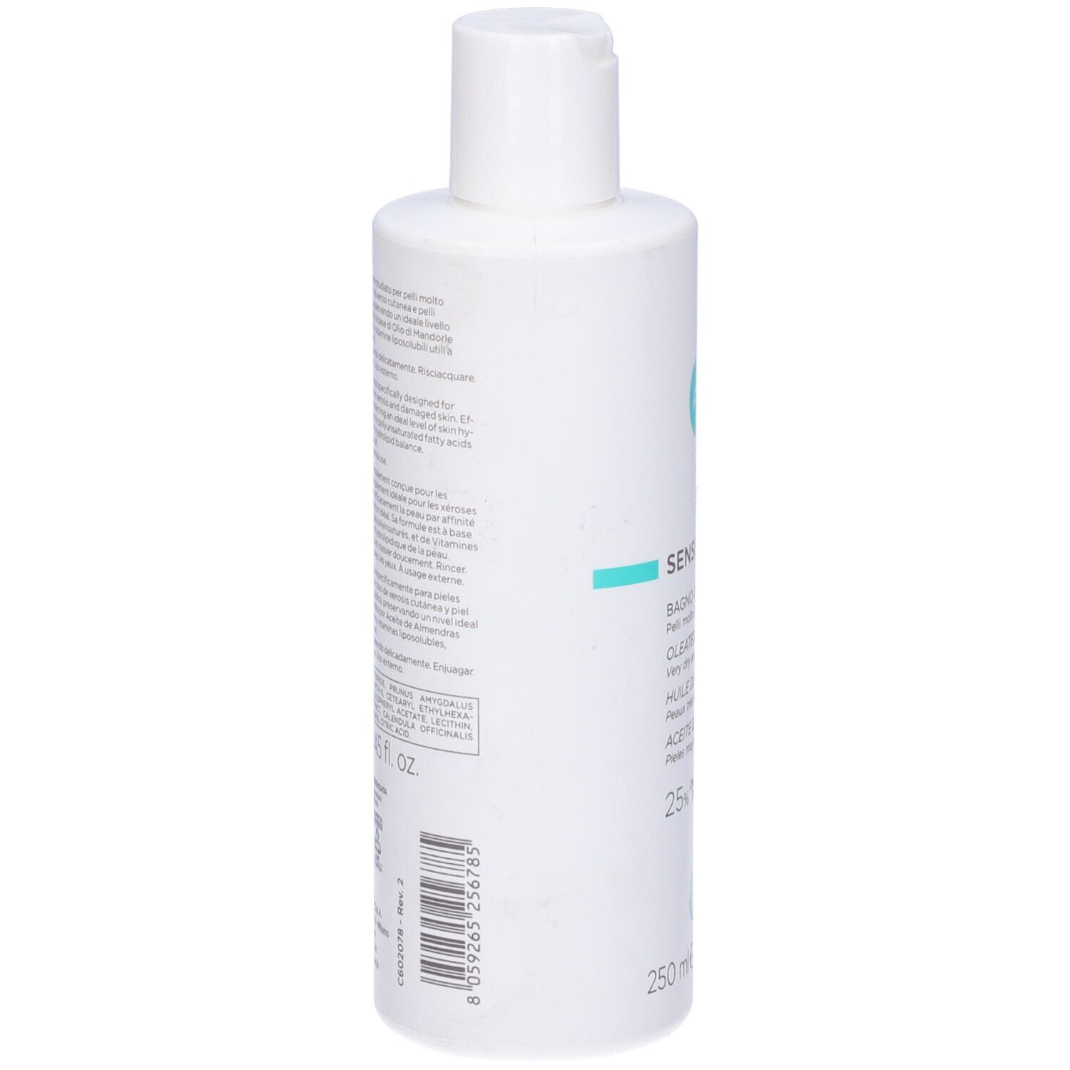 Retro del flacone bianco Sensiquell Olio Bagno Canova. Testo, codice a barre e QR code.