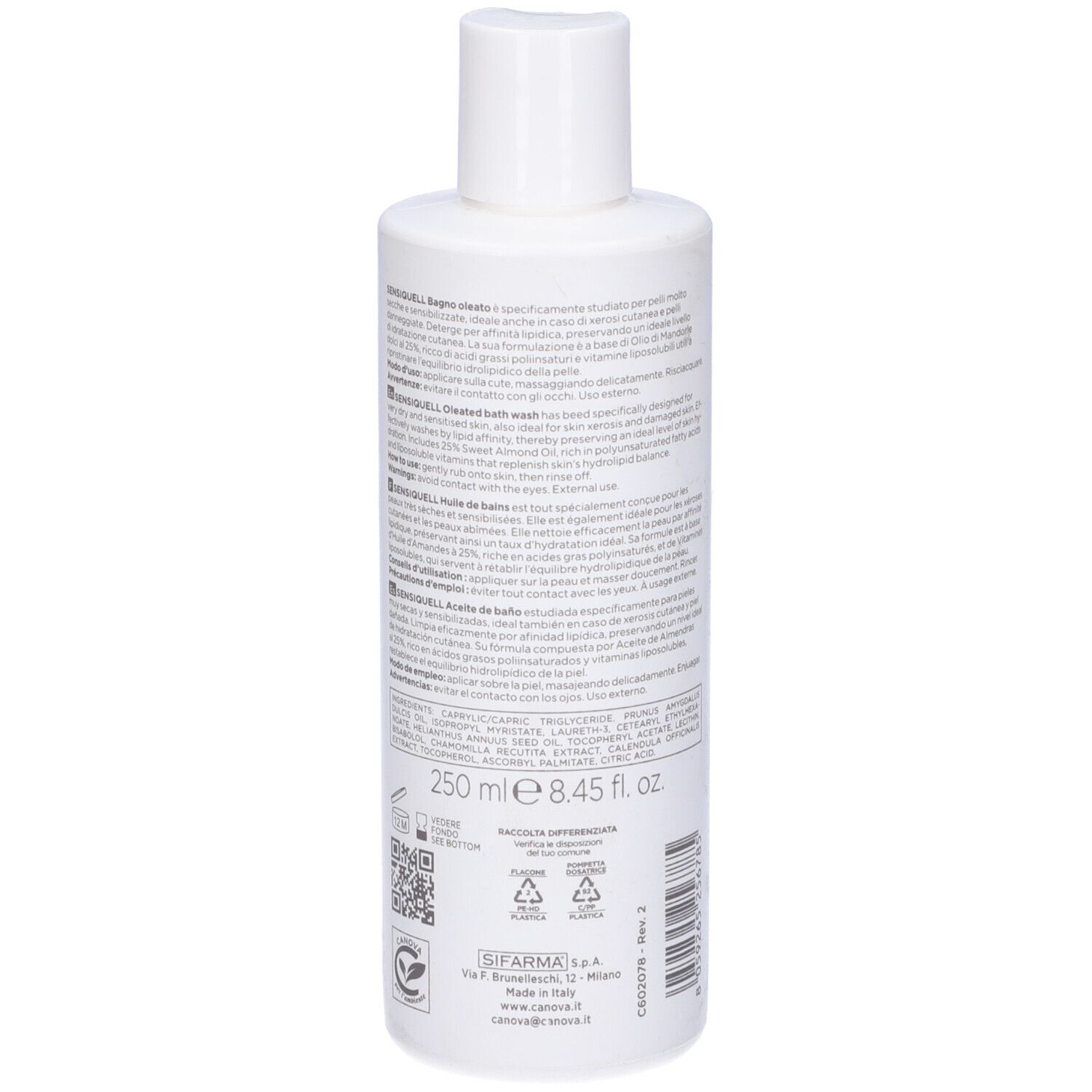 Retro del flacone bianco Sensiquell Olio Bagno Canova. Testo, QR code e loghi.