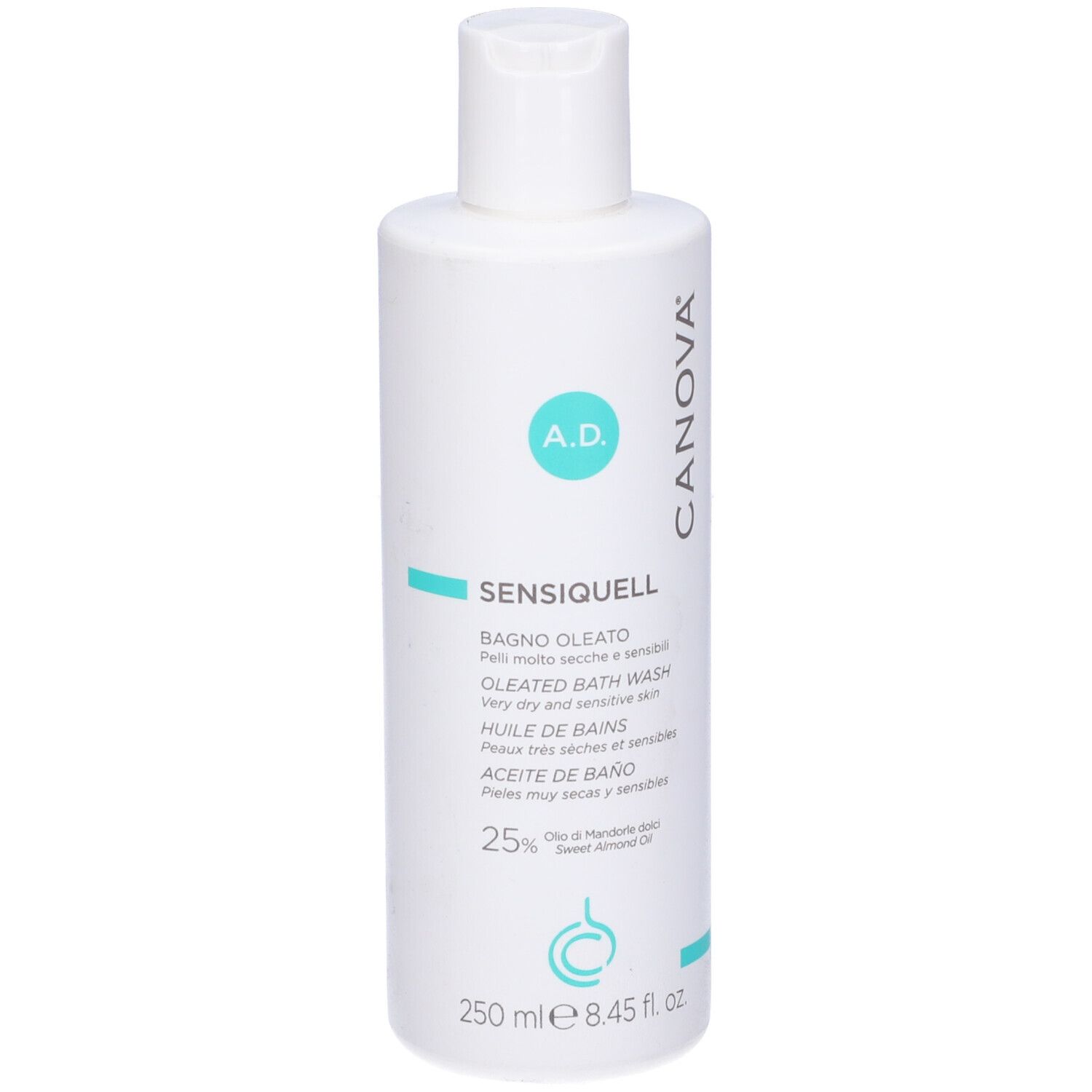 Flacone bianco Sensiquell Olio Bagno Canova. Scritta A.D. Testo multilingue. 250 ml.