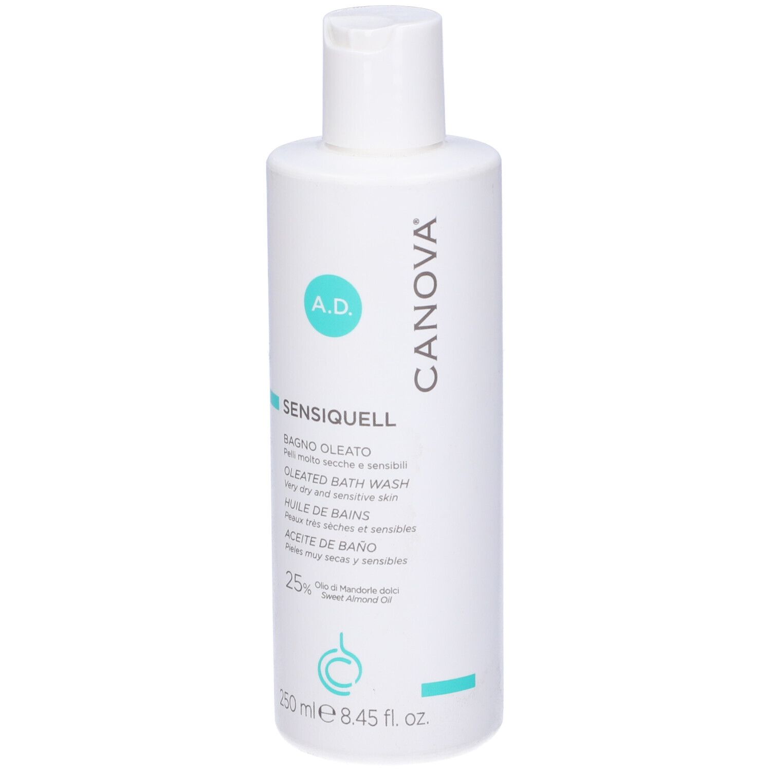 Flacone bianco Sensiquell Olio Bagno Canova. Scritta A.D. Testo multilingue. 250 ml.
