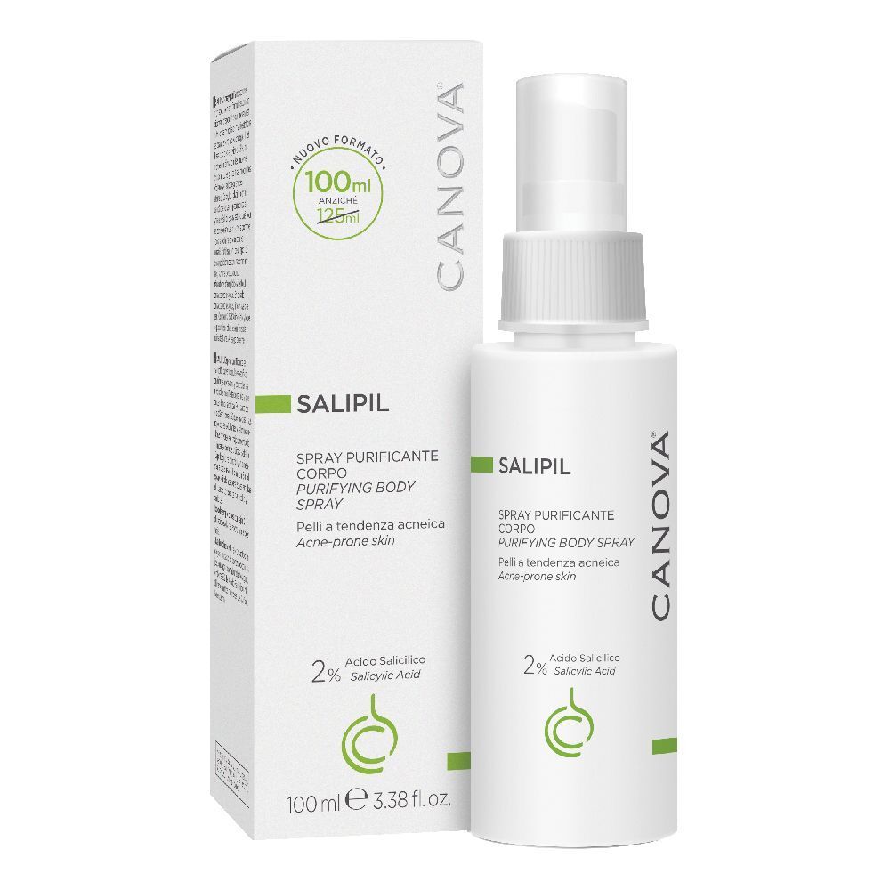 Spray CANOVA SALIPIL e confezione. Spray bianco con accento verde. Scritta: SALIPIL, 100ml, 2% acido salicilico.